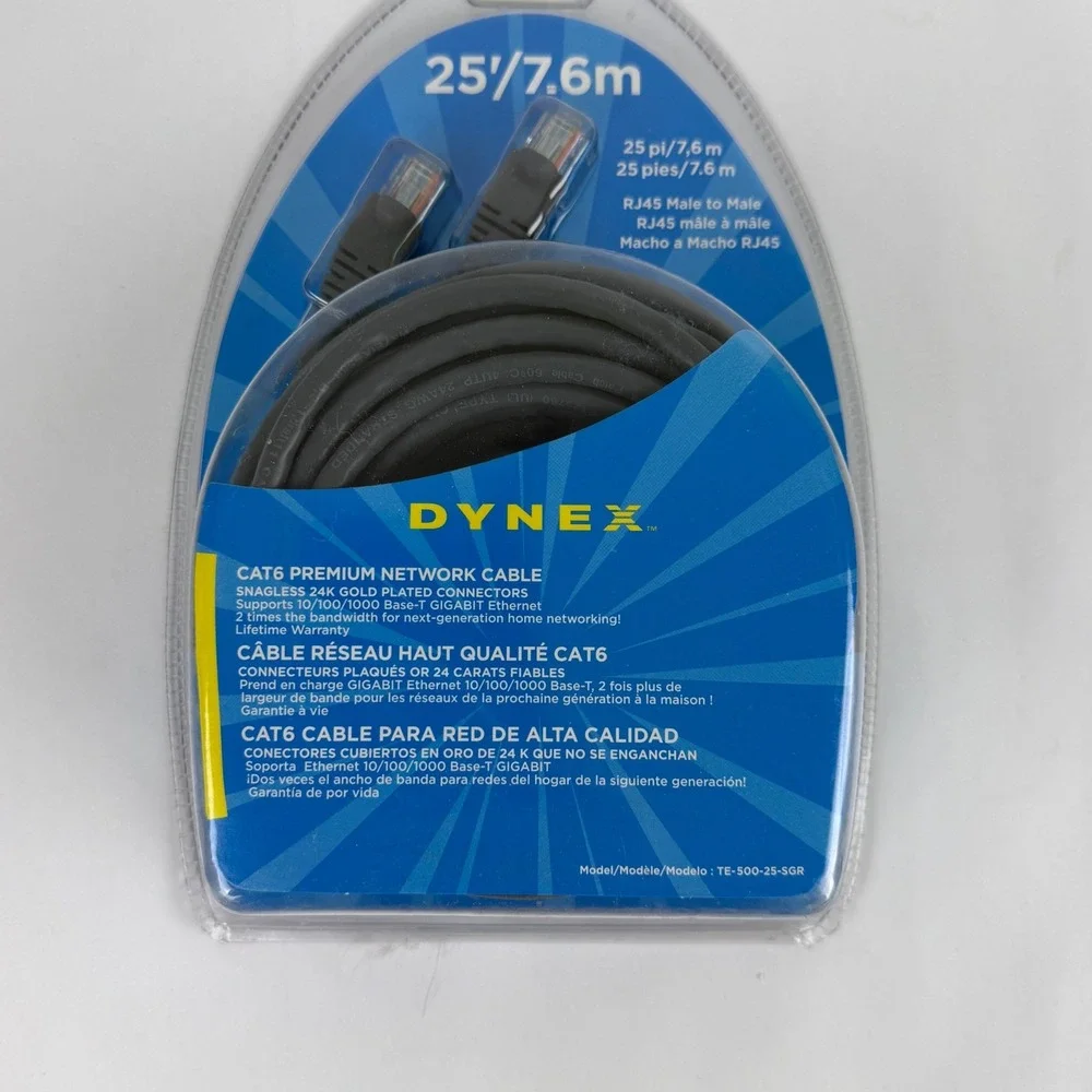Dynex CAT6 Premium Network Cable 25ft Grey Snagless Gold Plated TE-500-25-SGR